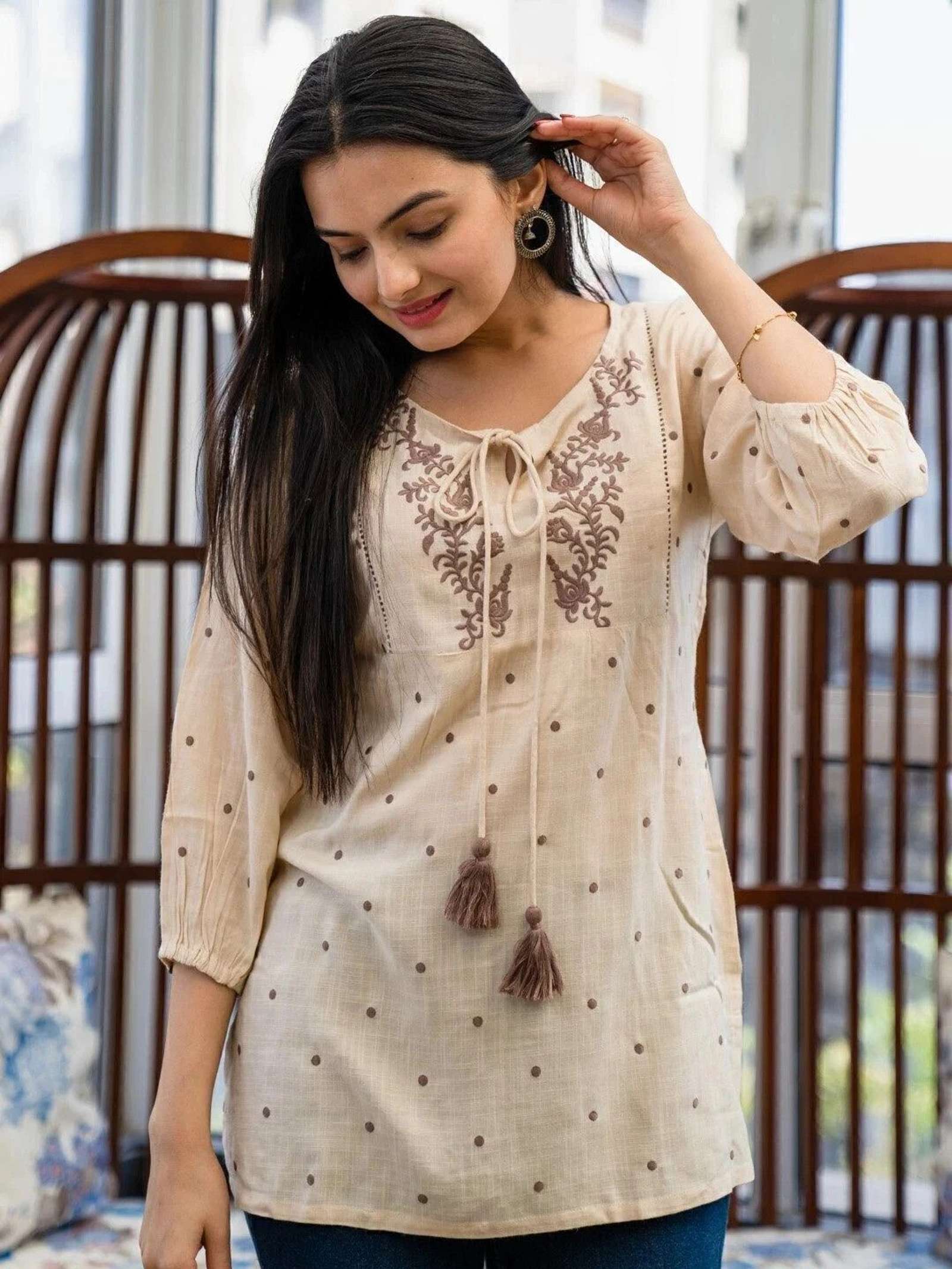 Embroidered Women Beige Top - Image 7