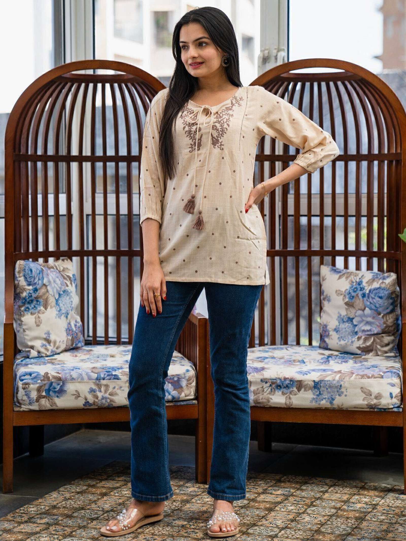 Embroidered Women Beige Top - Image 3