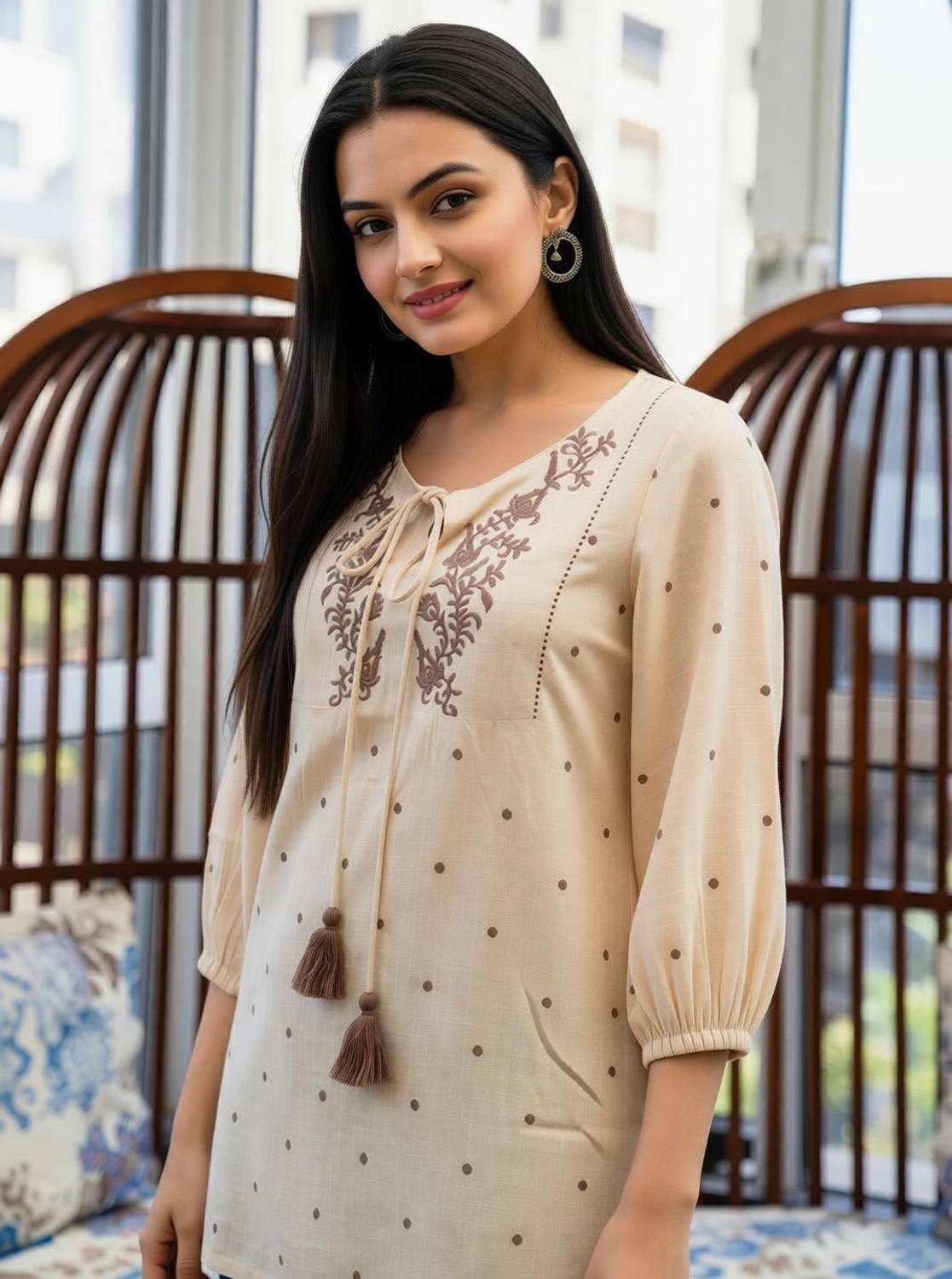 Embroidered Women Beige Top - Image 4